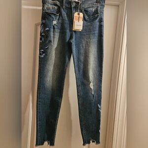 Sneak Peak Women's Distressed Skinny Blue Jeans With Blue Flower Details